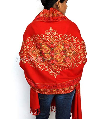 Triveni Art & Crafts Exotic Women Scarves Aari Kashmir Stole Pure Wool Multi Color Flower Embroidered Shawl Soft Kashmir's Cashmere Wraps 78 X 28 Inch