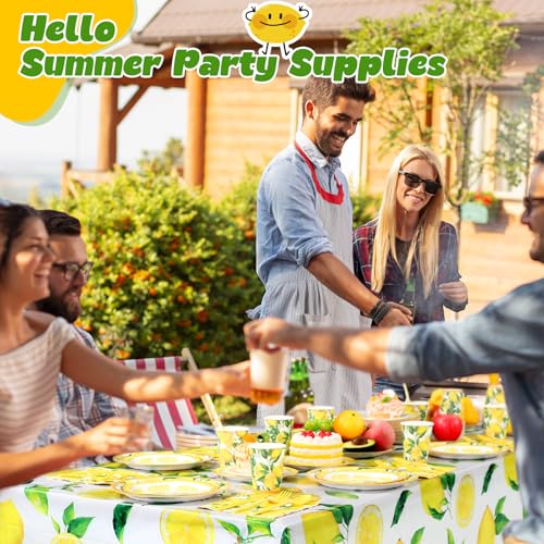 Image of Funnymoom 452 Pcs Lemon Party Decorations, Yellow Lemons Paper Plates Napkins Cups Tablecloth Cutlery Straws for Summer Fruit Theme Birthday Wedding Baby Shower Party Supplies, Serves 50