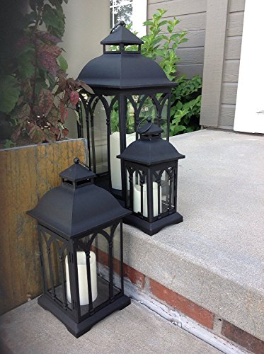 Pebble Lane Living Indoor/Outdoor Lombard Candle Lanterns, Powder Coated Steel Frame & Tempered Glass Panes, Black, Assorted Set of 3