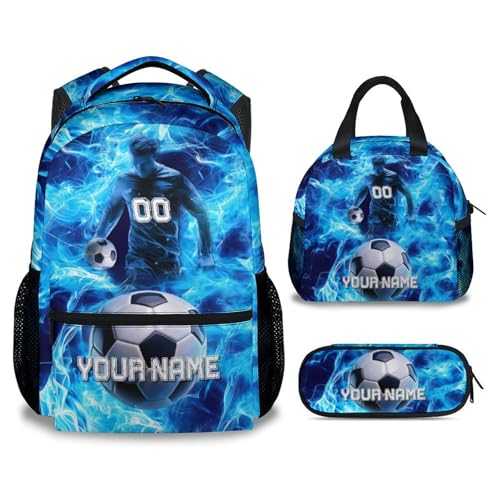 Custom Boys Backpack With Lunch Box, 3PCS Soccer Backpacks Matching Combo for Kids, Sport Blue 17 Inch Bookbag and Pencil Pouch Bundle for Primary School