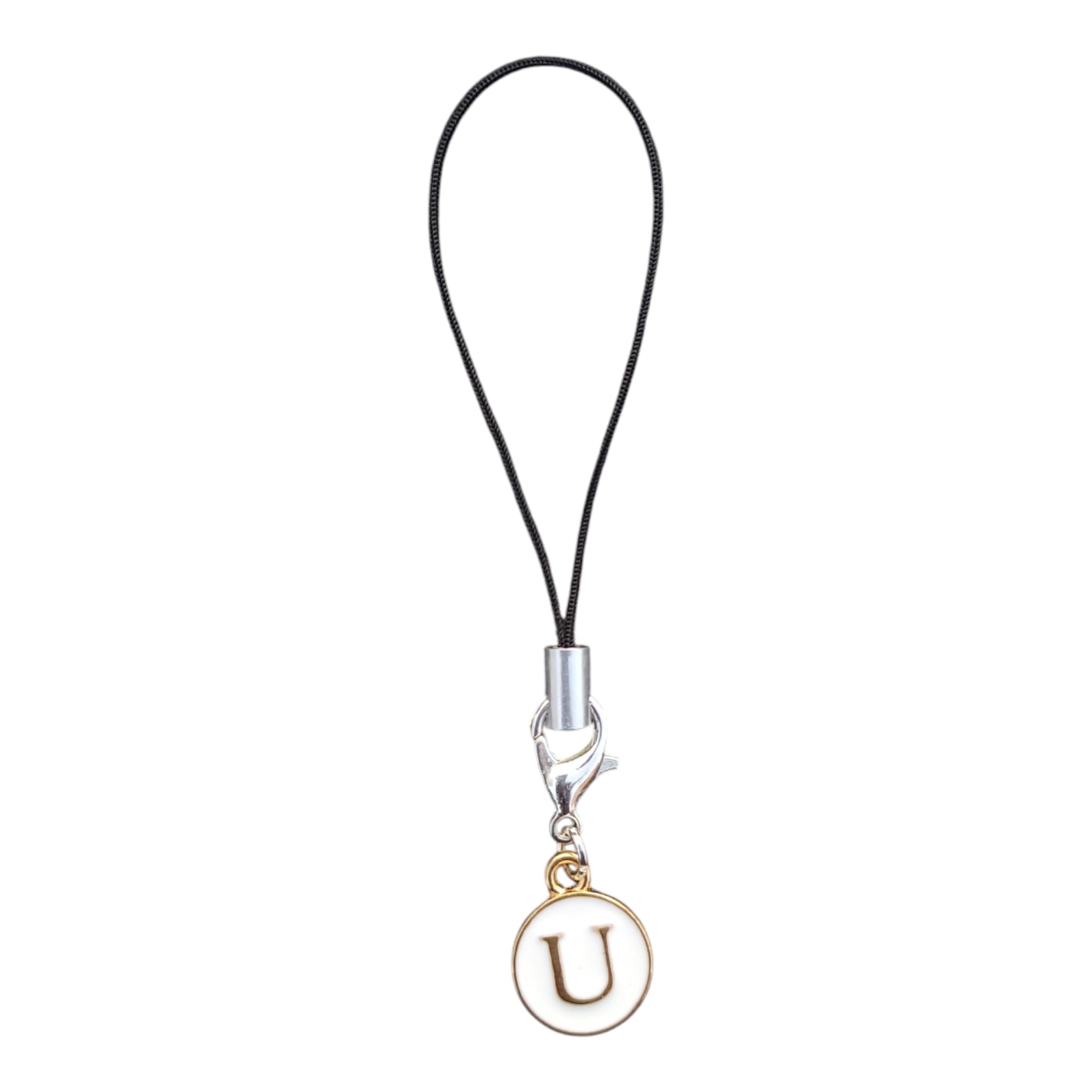 Initial Letter U Charm Phone Strap White and Gold Metal Pendant w-image-23