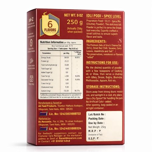 Image of 6Flavors Idli Podi Powder 250g | Chutney Powder | Podi Masala South Indian | Gunpowder Podi for Idli, Dosa & Rice | No Onion No Garlic | No Preservatives | Flavor: (Spicy & Hot)