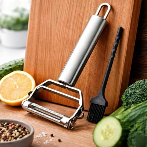 Image of STARFRIT SUCGLES 3-in-1 Stainless Steel Vegetable Peeler with Cleaning Brush, Julienne Slicer & Fruit Peeler, Ultra Sharp Kitchen Cutter and Shredder for Potato, Carrot, Cucumber & Vegetables