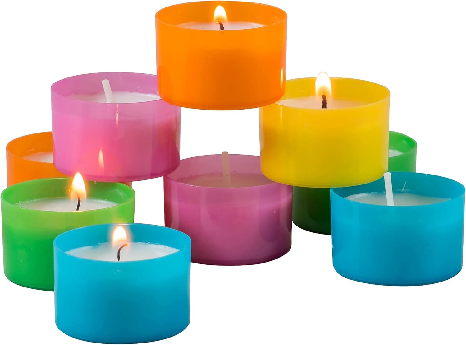 Stonebriar Multicolor Tea Light Candles — 6 to 7 Hour Burn Time, Unscented Long-Lasting Clear Cup Candles for Home Décor &amp; Special Occasions, 48 Count, (Pack of 12)