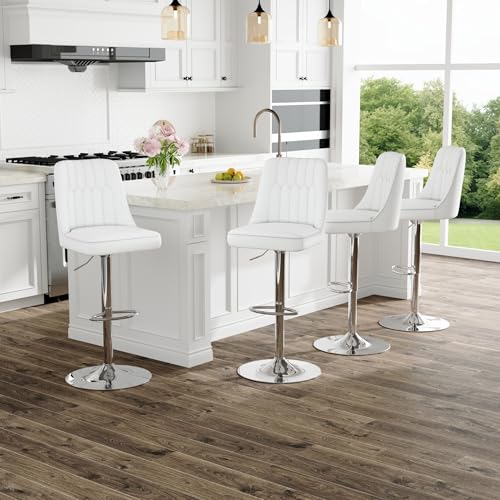 Image of Swivel Bar Stools Set of 4 - White Barstools with Back,Adjustable Counter Height Bar Stools with Sturdy Metal Legs,Leather Counter Height Stools Ideal for Kitchen Island Pub(25''-33''H)