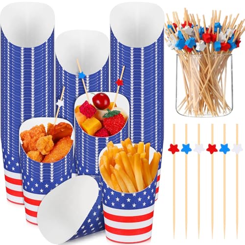 Tiangrid 100 Sets 4th of July Charcuterie Cups with Cocktail Picks 12 oz Patriotic American Flag French Fry Holder Red Blue White Star Toothpick Disposable Appetizers Cups Skewers for Independence Day