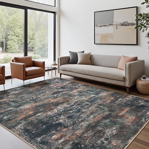 Area Rugs 9x12 for Living Room Bedroom, Modern Abstract Machine Washable Rug, Large Soft Low Pile Floor Cover with Non Slip Backing for Dining Room, Dark Blue Rust