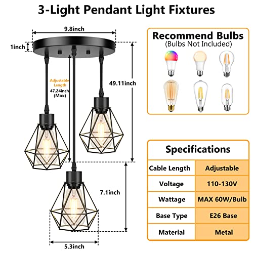 Fadimikoo 3-Light Kitchen Hanging Light Fixtures, Adjustable Farmhouse Light Fixtures Ceiling Pendant Lighting With Black Metal Cage For Dining Room Hallway Bedroom Kitchen Island, E26 Base #TOP3