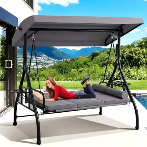 Grepatio 3-Seat Outdoor Porch Swing with Adjustable Canopy, 3 Person Convertible Porch Swing Bed with Stand, Heavy Duty Patio Swing with Cup Holder and Pillows, Cushion for Garden, Poolside (Grey)