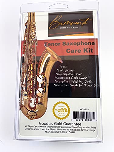 Buonvento Daily Care Kit for Bb Tenor Saxophone, Microfibre Swab, Mouthpiece Saver Brush, Saxophone Neck Swab, Cork Grease, Polishing Cloth, Black Warrior Pencil