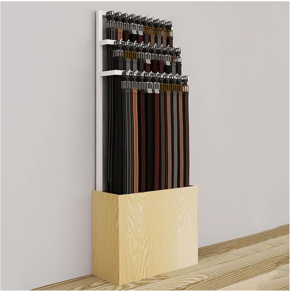 Robustes Gürtel-Aufbewahrungsregal, Gürtel-Präsentationsständer, Gürtelhalter, Herren-Schrankgürtel-Organizer, Boutique-Geschäft, Schalständer (Größe: 51 x 25 x 165 cm, Farbe: Weiß + Holzfarbe)