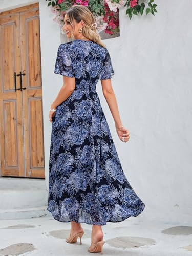 Image of Simplee Women's Boho Floral Maxi Dress Flowy Casual V Neck Short Sleeve Wedding Guest Holiday Beach Long Dress