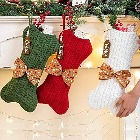 Personalized Dog Christmas Stockings with Custom Name Tag 16.5" Bone Shape Knitted Stocking with Bowtie for Cat Pet Gifts Fireplace Xmas Tree Hanging Family Holiday Festival Party Home Decoration Cover