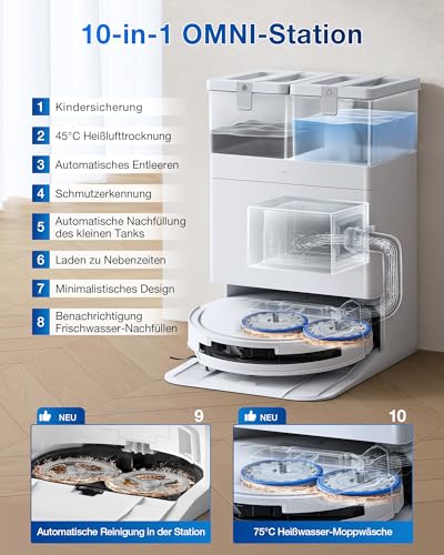 ECOVACS DEEBOT T50 Omni Gen2 Saugroboter mit Wischfunktion, 21.000 Pa, Ausziehbare Seitenbürste und Mopp, ZeroTangle 2.0, Moppwäsche mit 75°C heißem Wasser, All-in-One Station, ultradünn 81 mm, Weiß