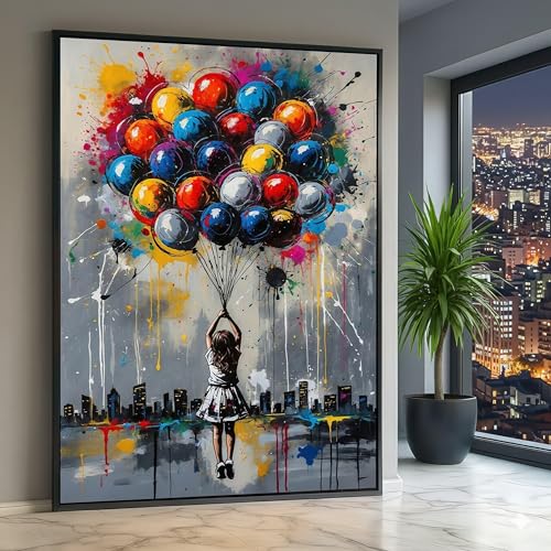 Tableau sur toile fille aux ballons colorés 80x120 pour habiller un mur vide