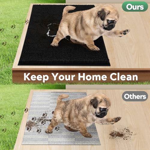 Dog Door Mat for Muddy Paws, Pet Rug Chenille Absorbent Outdoor Doormat 48"x 30", Non Slip Heavy Indoor Doormat Soft Front Inside Doormats for Entryway, Mud Paws, Patio,Dog Paw Black