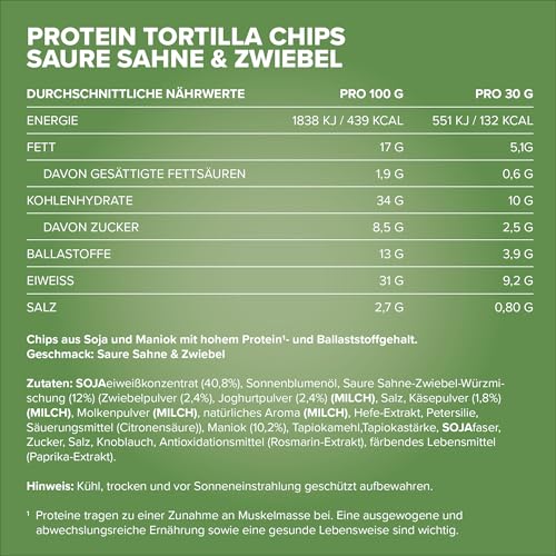 IronMaxx Protein Tortilla Chips – Sour Cream & Onion 60g | Knusprige Eiweißchips aus Soja & Maniok | High Protein Snack | Low Carb, ballaststoffreich & glutenfrei | Ideal für Fitness & Diät