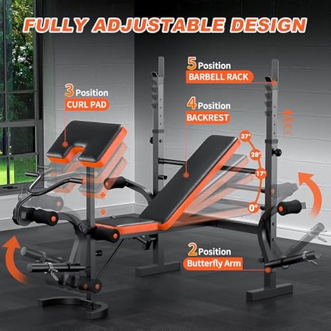 Fostoy Adjustable Weight Bench with Leg Extension, Preacher Curl & Butterfly Arm, 990lbs Heavy Duty Bench Press for Full Body Home Gym Workout