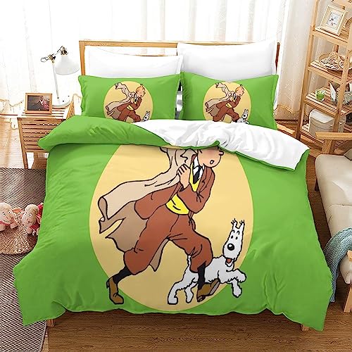 YINGD Juego de funda de edredón 3D de Las aventuras de Tintín con póster de película para niños, juego de edredón decorativo de tendencias de moda, tamaño 220 x 240 cm
