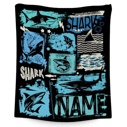 Custom Shark Blanket Kids - 50x60 Inches Cute Throw Blanket for Boys - Black Soft Fuzzy Blankets for Bed, Couch & Travel