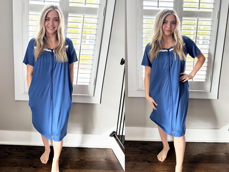 Image of Ekouaer Women Zipper Robe Short Sleeves House Coat Zipper Front Bathrobe Sleepwear with Pockets Housecoat Nightgown