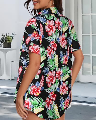 Image of Women Hawaiian Shirt Button Down Summer Tops Beach Short Sleeve Blouse