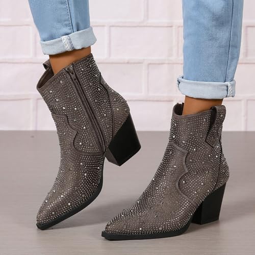 KOKOMOMO Rhinestone Short Cowboy Boots Sparkly Western Cowgirl Boots Glitter Stacked Chunky Heel Ankle Boots2