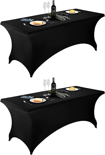 LZY Spandex Table Covers 6 Feet, Stretch/Fitted Table Covers for 6 Feet Folding Table, Rectangular Spandex Table Cloths for Wedding Party or Event (6FT-2PCS, Black)