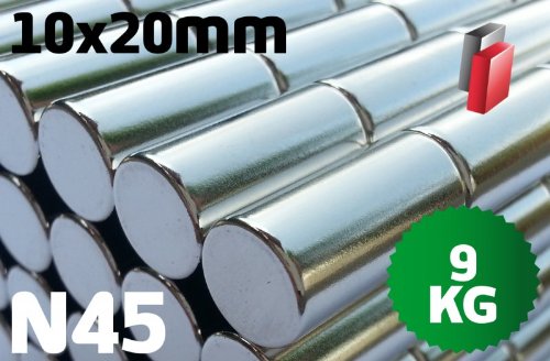 50 x Neodym Stabmagnet, 10x20mm, vernickelt, Grade N45, magnetisiert durch 20mm