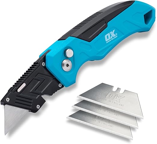 OX Tools Pro Heavy Duty Fixed Blade Folding Box Cutter Utility Knife w/Easy Change Blade Button - Quick Fold Action Strong Construction Knife with 3 Replacement Blades
