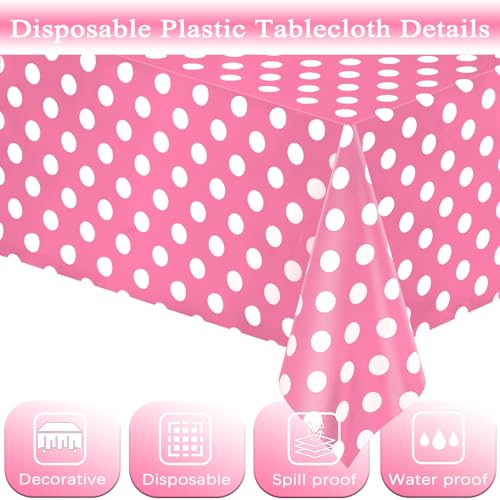 Image of WNINK 4 Pack Pink and White Polka Dot Tablecloths - Pink Disposable Plastic Waterproof Table Cover, 54 inch x 108 inch, for Birthday, Wedding, Bridal Shower, Bachelor, Pink Girl Party, and Picnic