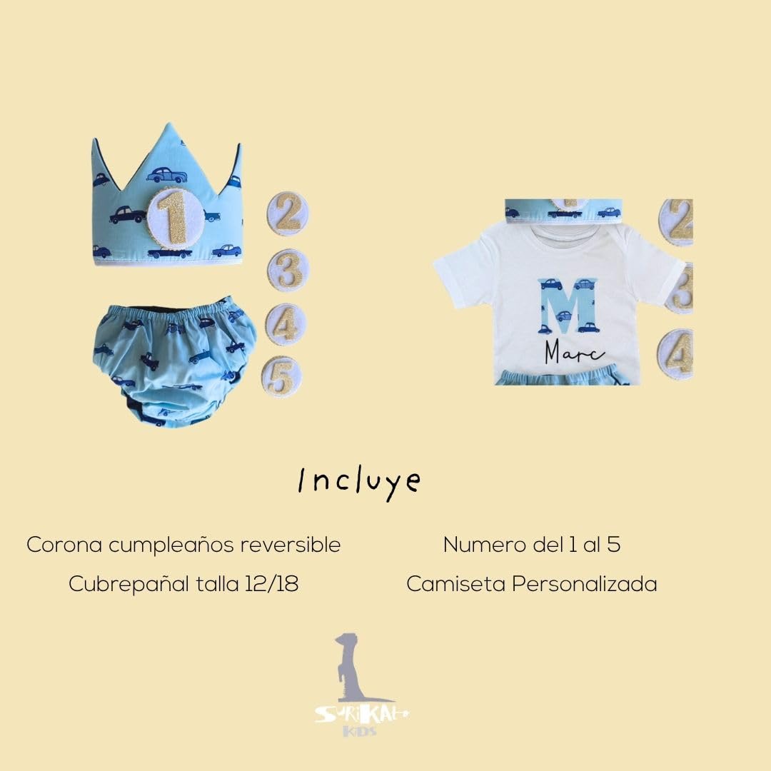 Conjunto Cumpleaños 1 año Personalizado - Camiseta con nombre Bebé - Regalo primer cumpleaños - Smash Cake - Corona cumpleaños (Coches)