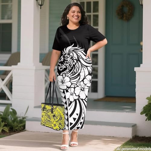 Image of Puletasi Polynesian Tribal Clothing Two Piece Skirt Set for Women Outfits Short Sleeve Top High Waist Midi Skirt
