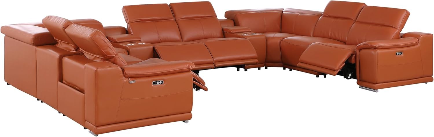 BlackJack Furniture Venice 10-Piece Top Grain Italian Leather Sectional Reclining Sofa Set with 4 Power Recliners, Adjustable Headrests, USB and Wireless Phone Charger and Console Storage, Camel