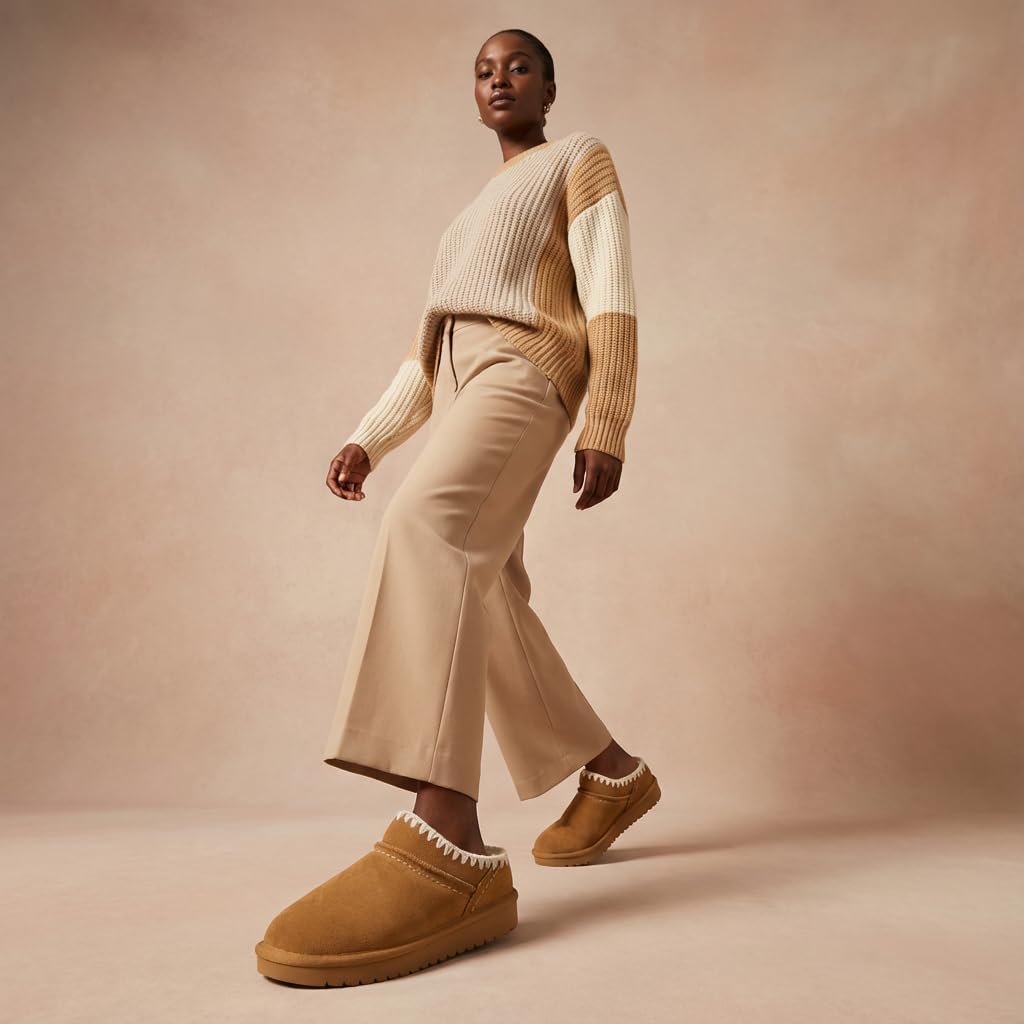 CUSHIONAIRE Homemade Suede Mule Womens Slippers, Faux Fur Lining with Stitching Detail Trim, Durable House Slippers for Women Indoor Outdoor