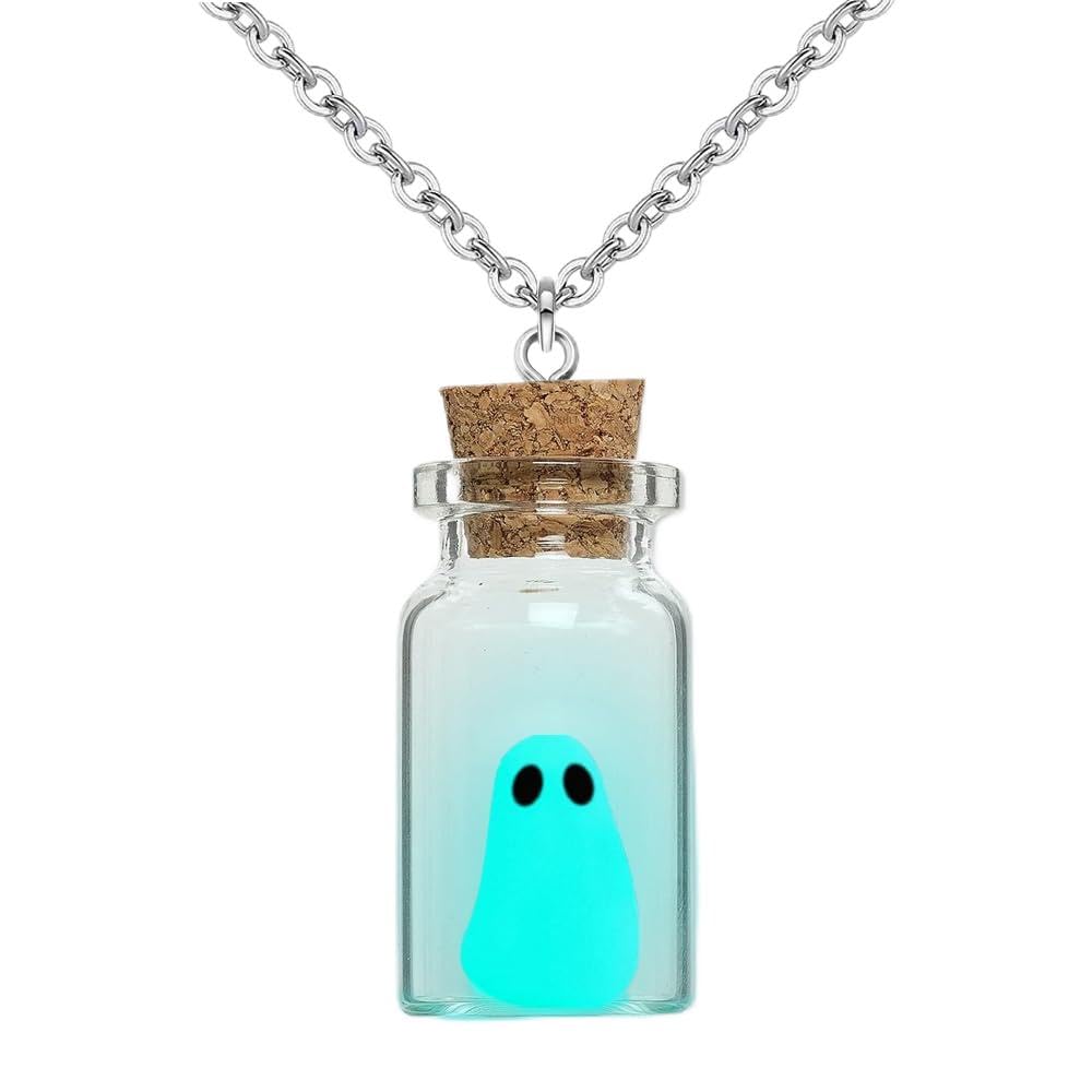 Ghost Necklace, (Blue) The Adopt A Ghost in A Bottle Pendant Necklace Halloween Jewelry for Women and Men