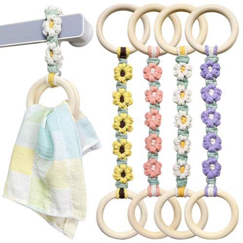 4 Pcs Daisy Flower Macrame Towel Holder Ring, Crochet Hanging Kitchen Dish Towel Holder, Handmade Kitchen Towel Hanger with Wood Hanging Loop for House Oven Stove Door