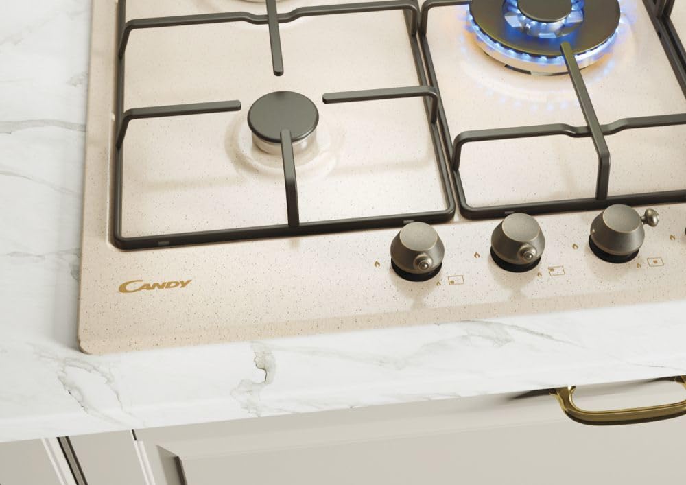 Candy Classic Piano Cottura a Gas 5 Fuochi, Acciaio Inossidabile, Bruciatore a Doppia Corona, Griglie Smaltate Leggere e Lavabili in Lavastoviglie, 74,5 x 51 x 3,5 cm, Color Avena - CHW7AV4WGT