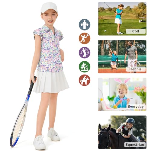 Image of Soneven Girls Ruffle Sleeve Polo Shirts V-Neck Golf Tennis T-Shirts Uniform Shirts Quick Dry for 4-14 Years
