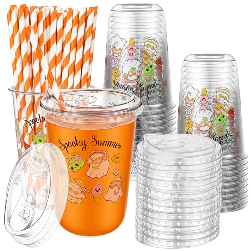 Rtteri 50 Sets Spooky Summer Plastic Cups with Lids and Straws 16 oz Disposable Clear Ghost Themed Cups Bulk for Iced Coffee Juice Summer Halloween Birthday Party Decorations