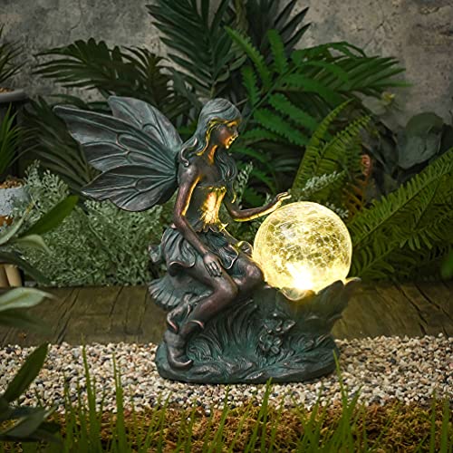 Teresa'S Collections Fairy Garden Statues With Solar Outdoor Light For Outdoor Decor, Fairy Garden Decor Resin Sculptures With Crackle Glass Globe,Gifts For Mom Birthday Balcony Porch Yard Decor,11.8 Inch thumb #5