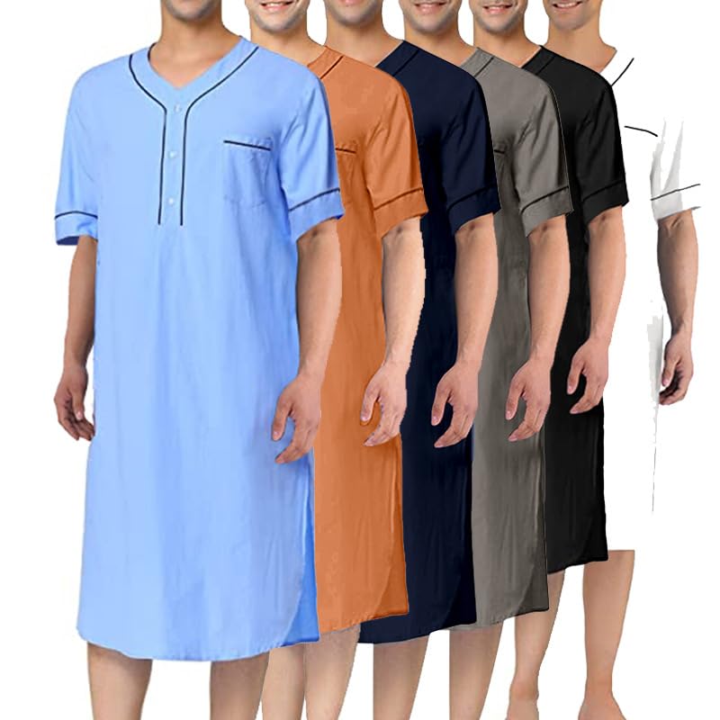 Men's Cotton Nightshirt Gown Short Sleeve V-neck Nightwear Loose Pajama Dress Soft Pajama Sleepwear with Pocket4