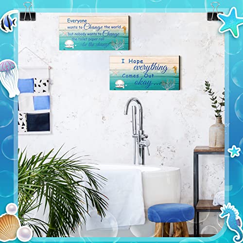 Jetec 2 Pieces Funny Bathroom Decors Bathroom Rules Sign Plaque Wooden Funny Bathroom Decor Sign Guest Hanging Wall Art Decorative Signs Rustic Wall Art (Blue,Ocean Style) - Image 5