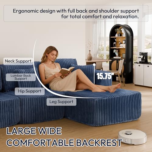 Image of 132 inch U Shaped Couch, Modular Sectional Sofa with Chaise, Corduroy U Shaped Boneless Couch with Deep Seat, Upholstered Modular Cloud Sofa for Living Room, No Assembly Required, Blue