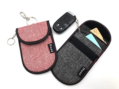 Hooz Faraday Pouch for Car Keys - Set of 2 RFID Blocking Key Holder Storage for Credit Cards, Keyless Fobs - Anti-Theft Protector Against Signal Skimming - Keyring & Hook For Hanging - Black & Red
