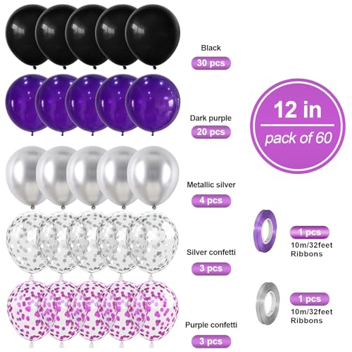 Image of Purple Black Balloons Set, 60 PCS Purple Silver Birthday Balloon, Metallic Black Silver Purple Confetti Balloons Latex Balloon for Birthday Wedding Graduations Party Decorations