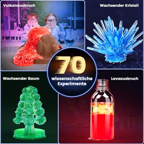 Japace Zestaw 70 eksperymentów dla dzieci, laboratorium STEM z zabawkami naukowymi dla dzieci w wieku 4-6-8-10-12 lat, zestaw chemiczny, hodowla kryształów, wulkan, gumowa piłka – prezent dla chłopców