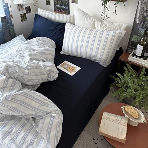 Image of mixinni Vintage Blue & White Striped Duvet Cover Set - 3 Piece 100% Washed Cotton Twin XL Size Bedding | Minimalist Relaxed Style | Ultra Soft Breathable, with Zipper Closure & Corner Ties