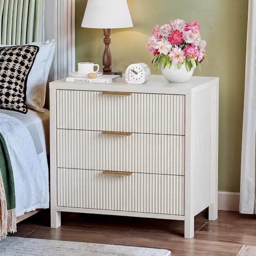 Image of Fluted Nightstand, 23.7'' Wide Night Stand with 3 Drawers, Mid-Century Modern Bedside Table with Handles, Wood End Table for Bedroom, White