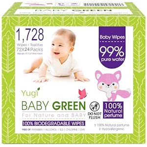 Yugi Green Baby Wipes with Essential Oils for Sensitive Skin & Nose Wipe. Plant-Based, and Organic, Plastic FREE, 1,728 Count (24 Packs of 72)
